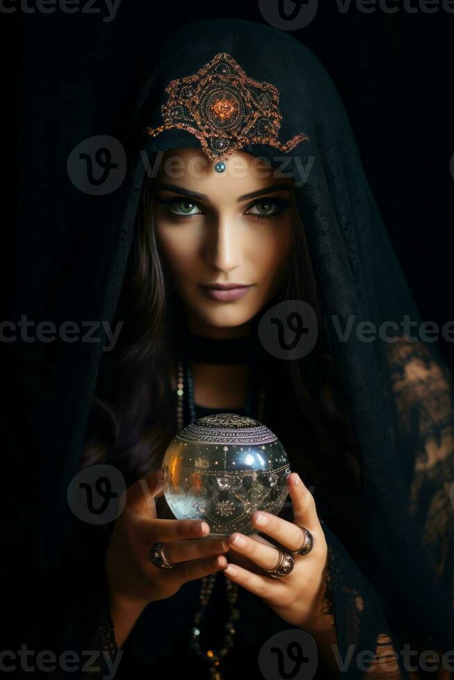 Woman telling from a crystal ball dressed as a mysterious fortune teller AI Generative photo