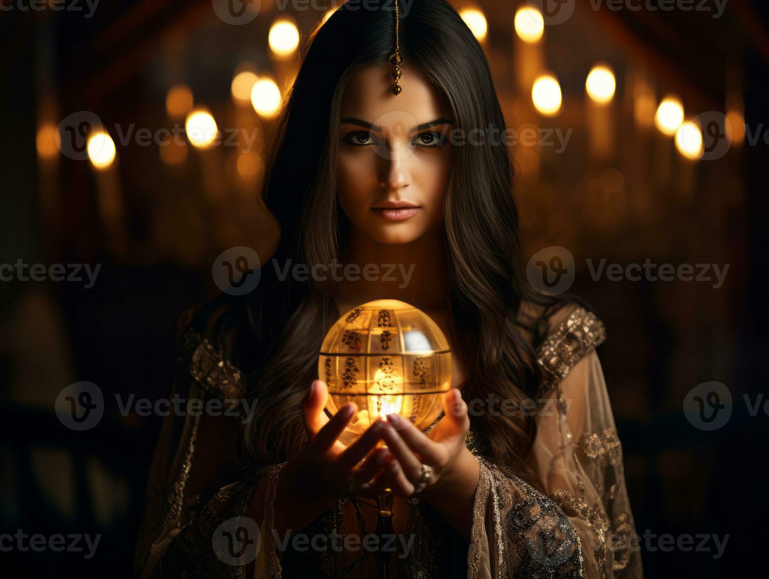 Woman telling from a crystal ball dressed as a mysterious fortune teller AI Generative 28918794