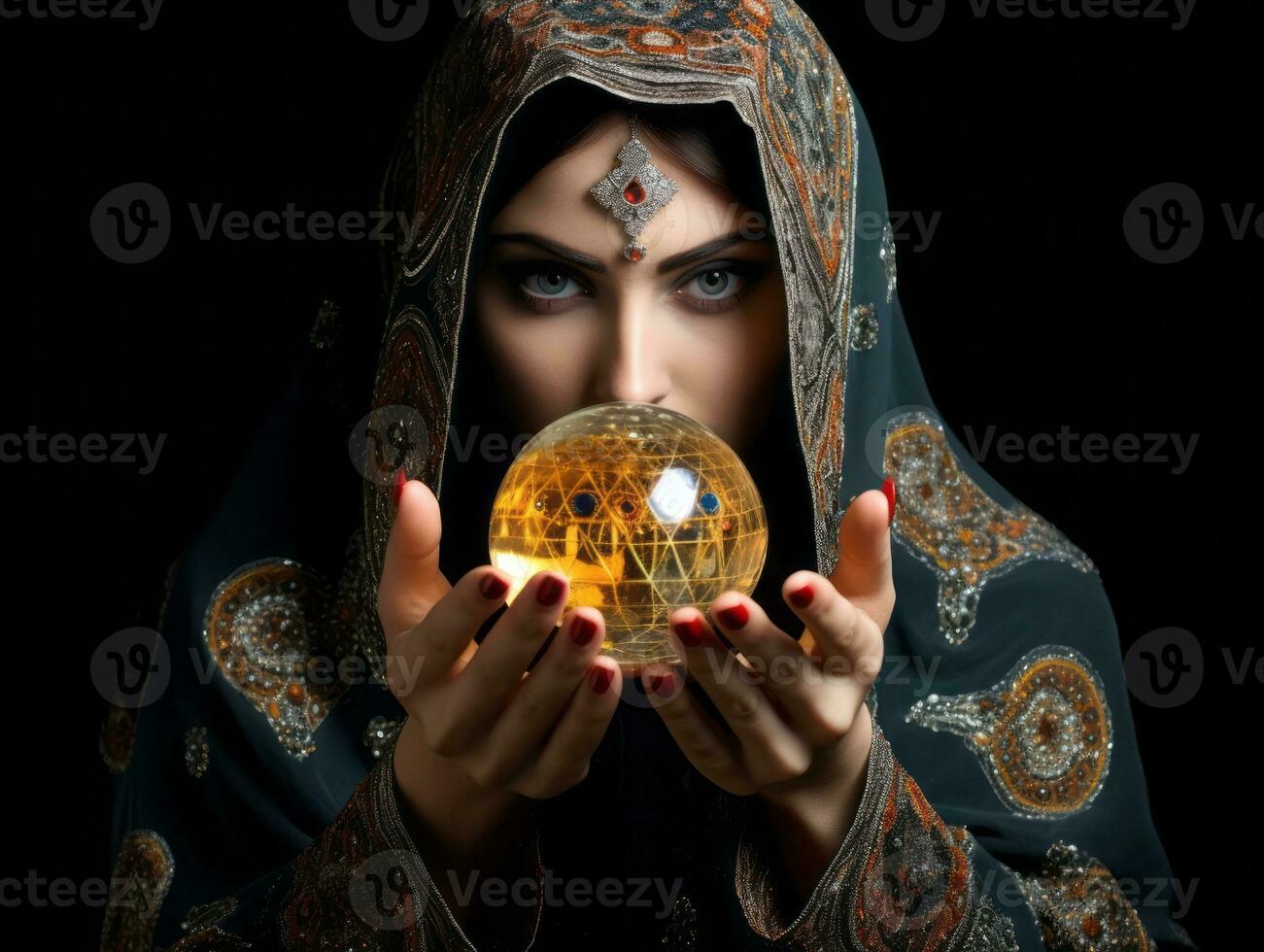 Woman telling from a crystal ball dressed as a mysterious fortune teller AI Generative photo
