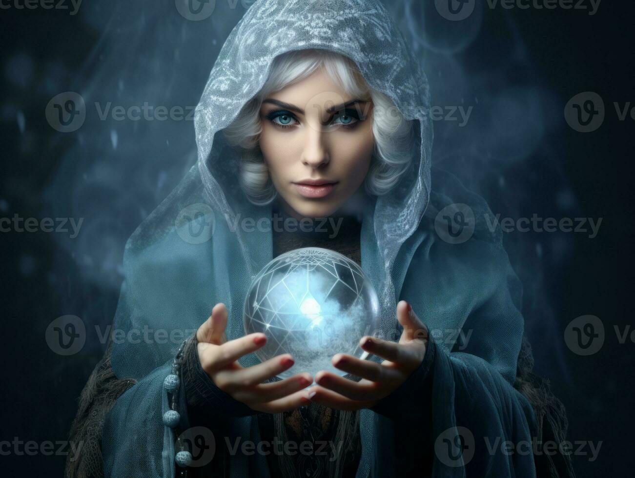 Woman telling from a crystal ball dressed as a mysterious fortune teller AI Generative photo