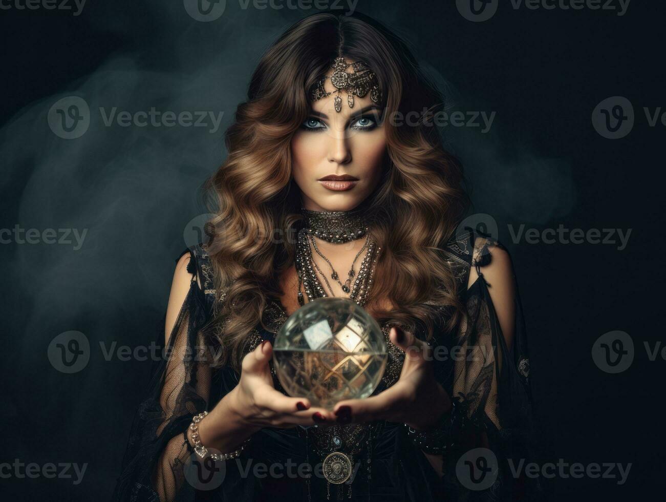 Woman telling from a crystal ball dressed as a mysterious fortune teller AI Generative photo