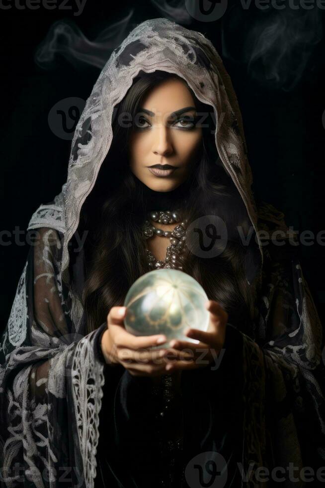 Woman telling from a crystal ball dressed as a mysterious fortune teller AI Generative photo