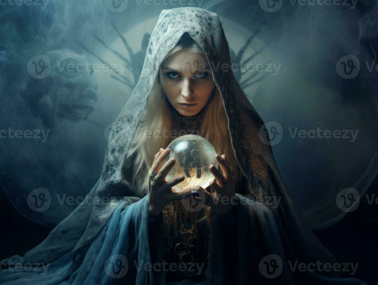 Woman telling from a crystal ball dressed as a mysterious fortune teller AI Generative photo