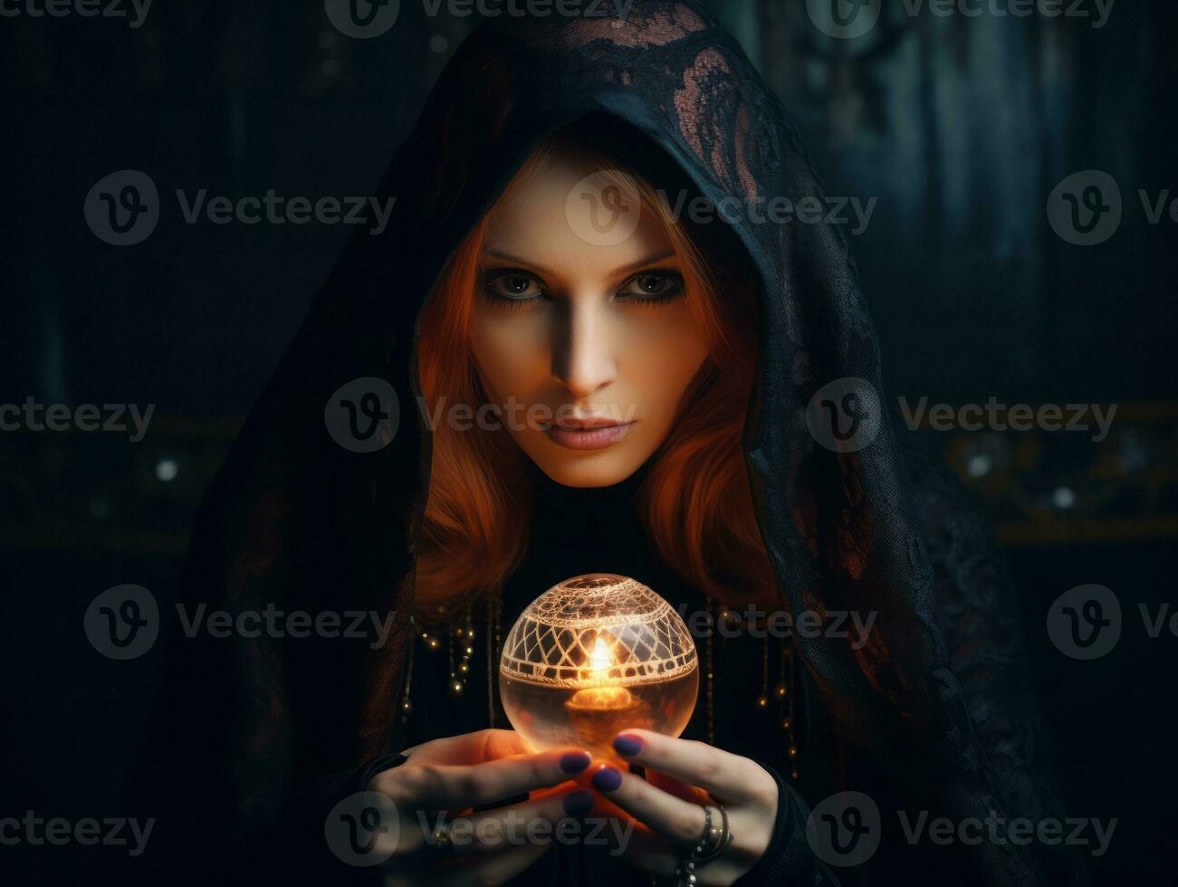 Woman telling from a crystal ball dressed as a mysterious fortune teller AI Generative photo