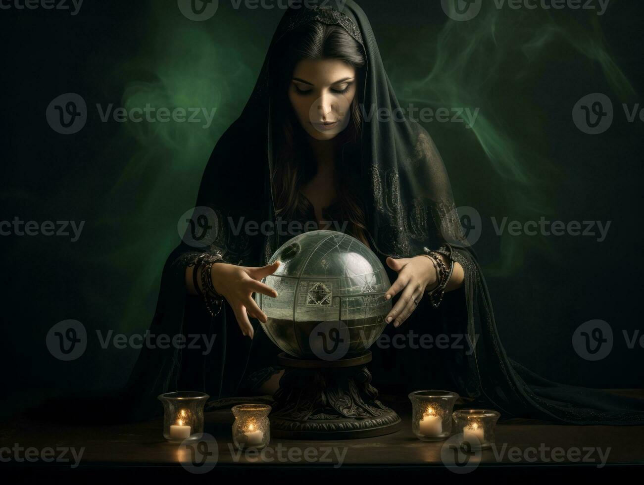 mujer narración desde un cristal pelota vestido como un misterioso fortuna cajero ai generativo foto