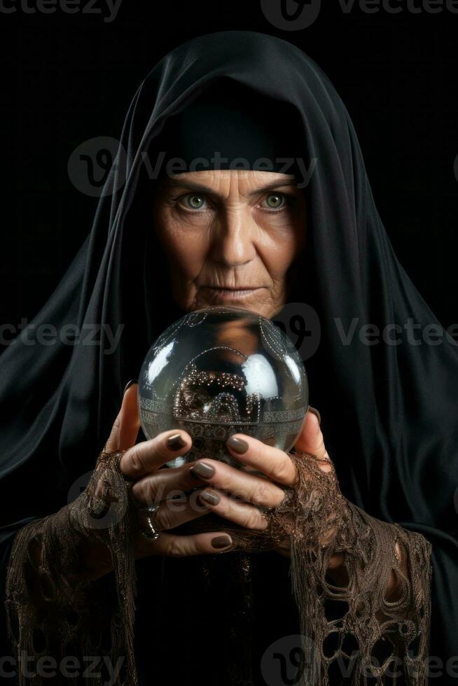 mujer narración desde un cristal pelota vestido como un misterioso fortuna cajero ai generativo foto