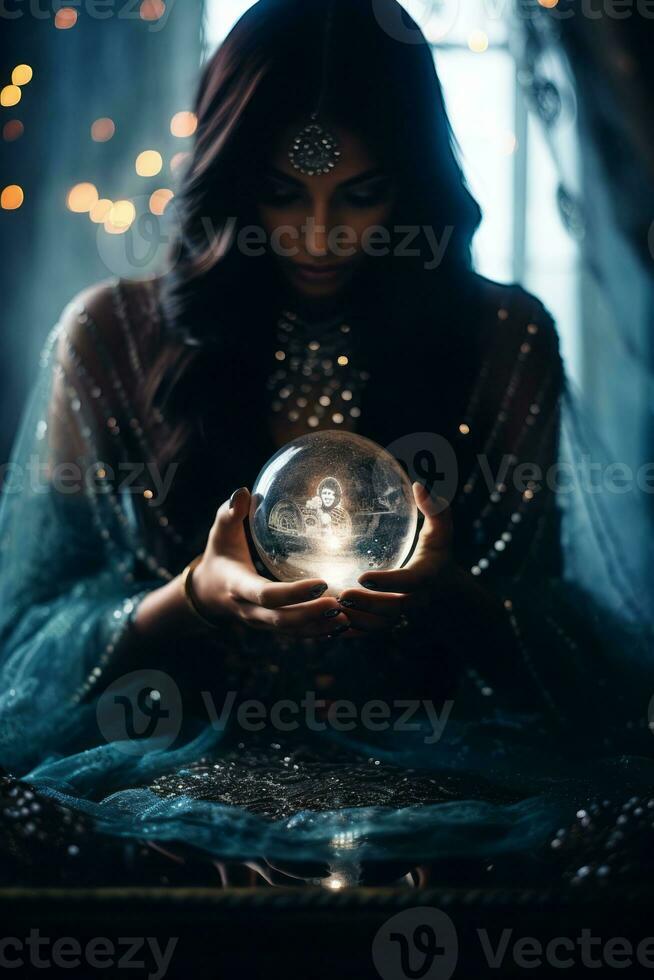 Woman telling from a crystal ball dressed as a mysterious fortune teller AI Generative photo