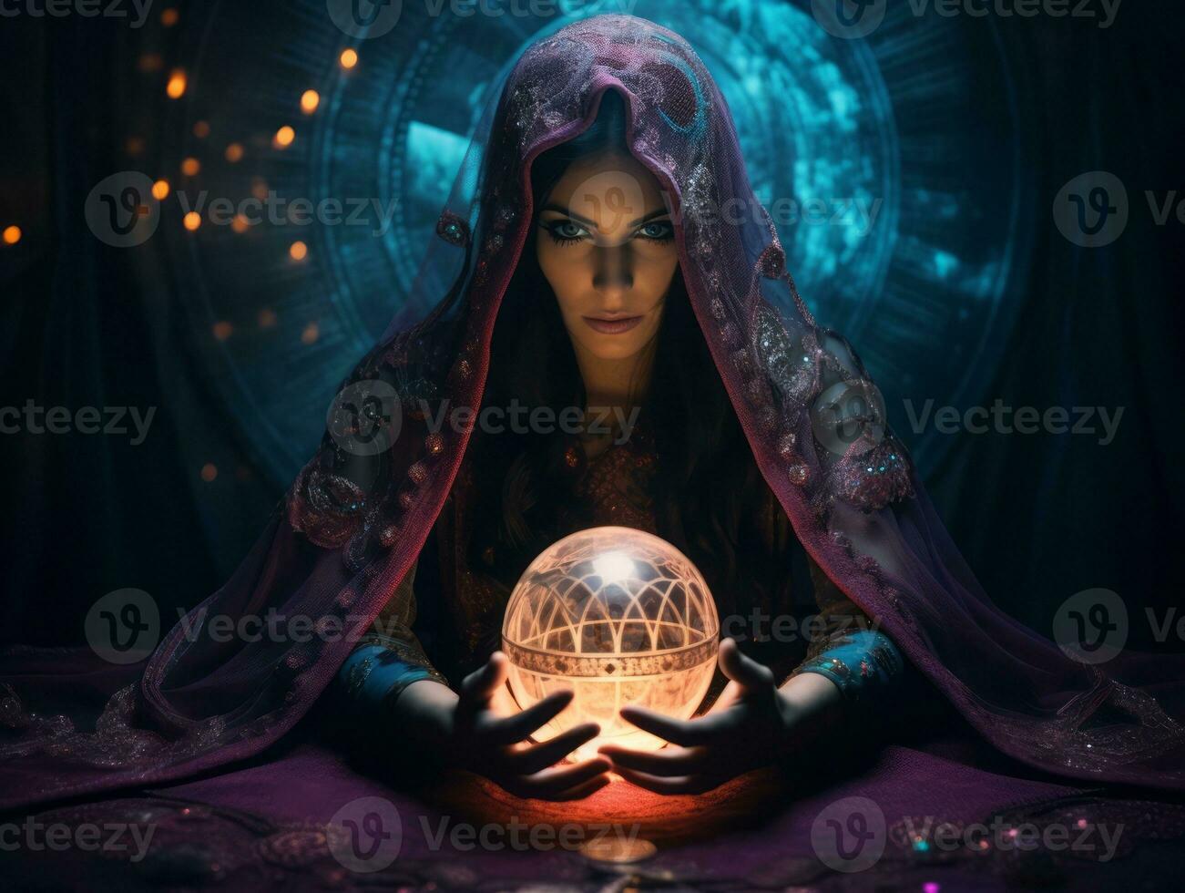 Woman telling from a crystal ball dressed as a mysterious fortune teller AI Generative photo