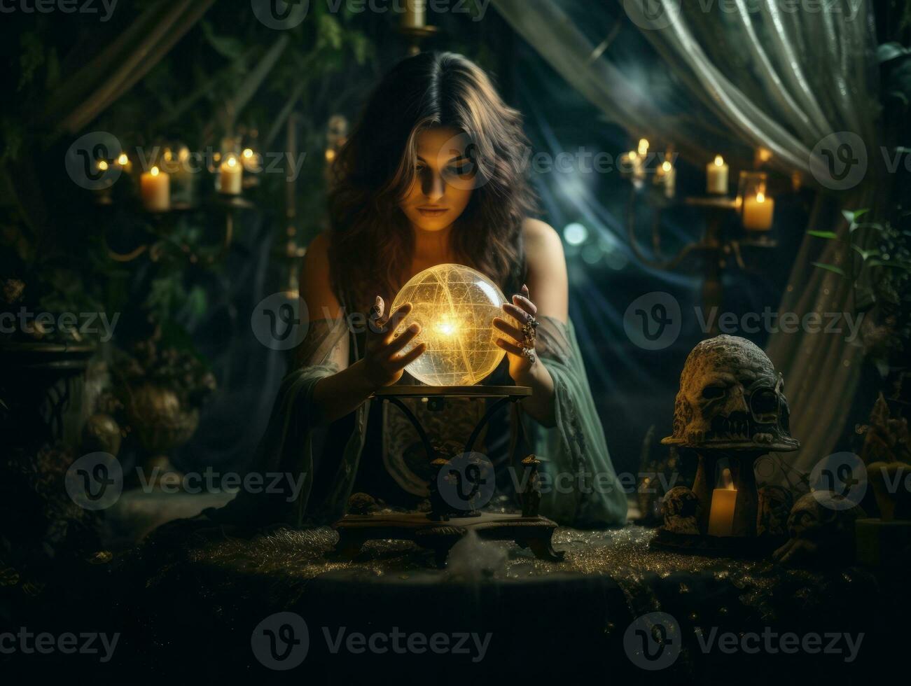 Woman telling from a crystal ball dressed as a mysterious fortune teller AI Generative photo