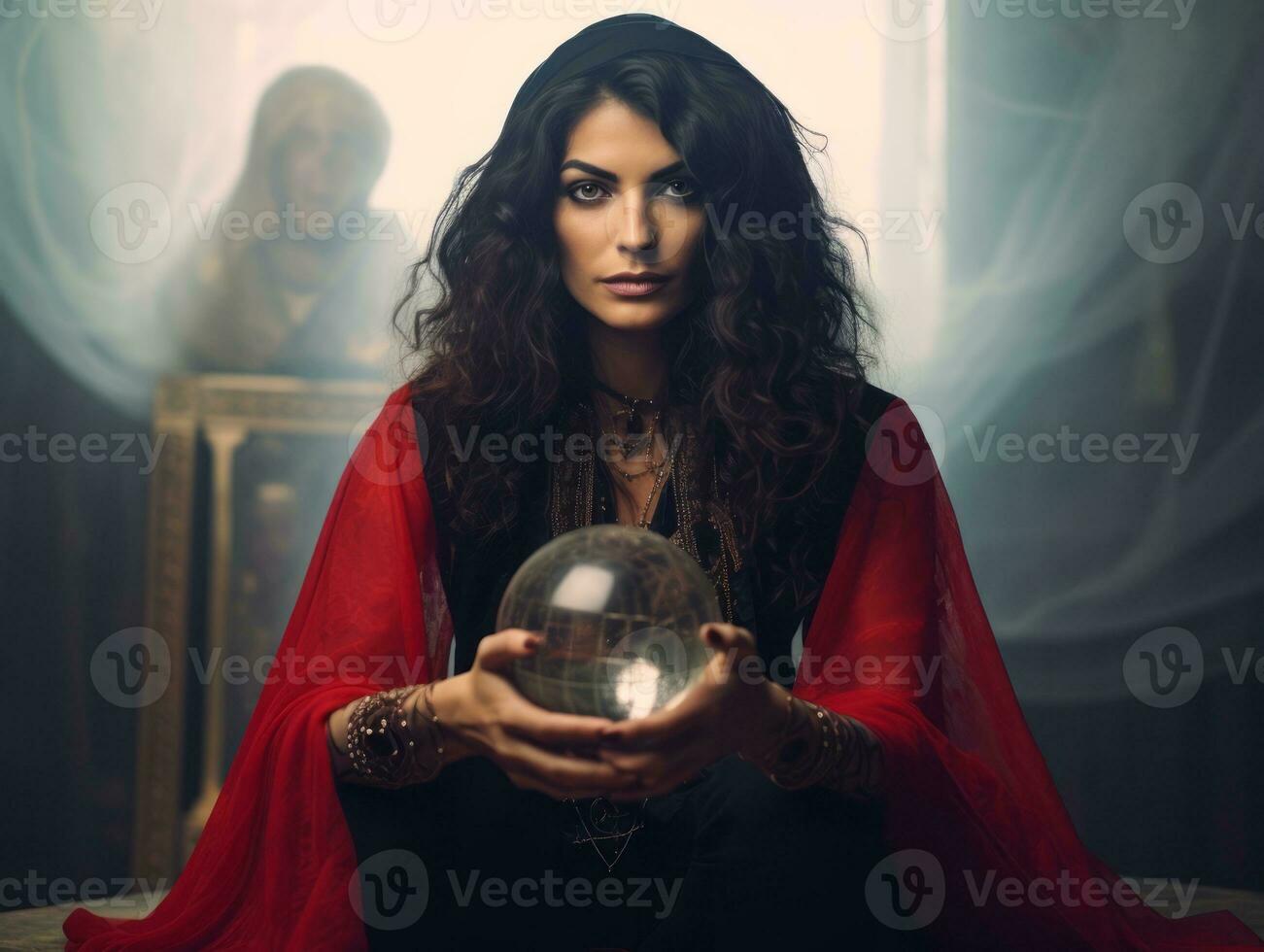 Woman telling from a crystal ball dressed as a mysterious fortune teller AI Generative photo