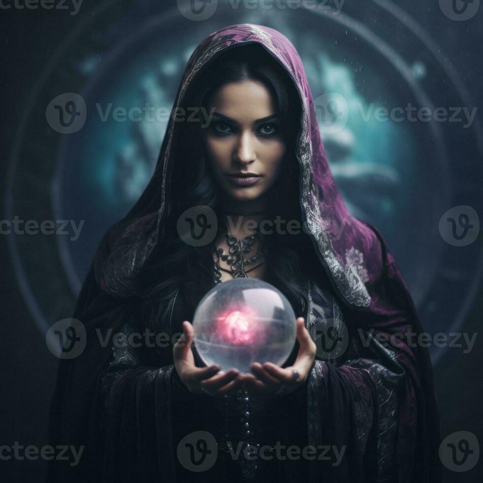 Woman telling from a crystal ball dressed as a mysterious fortune teller AI Generative photo