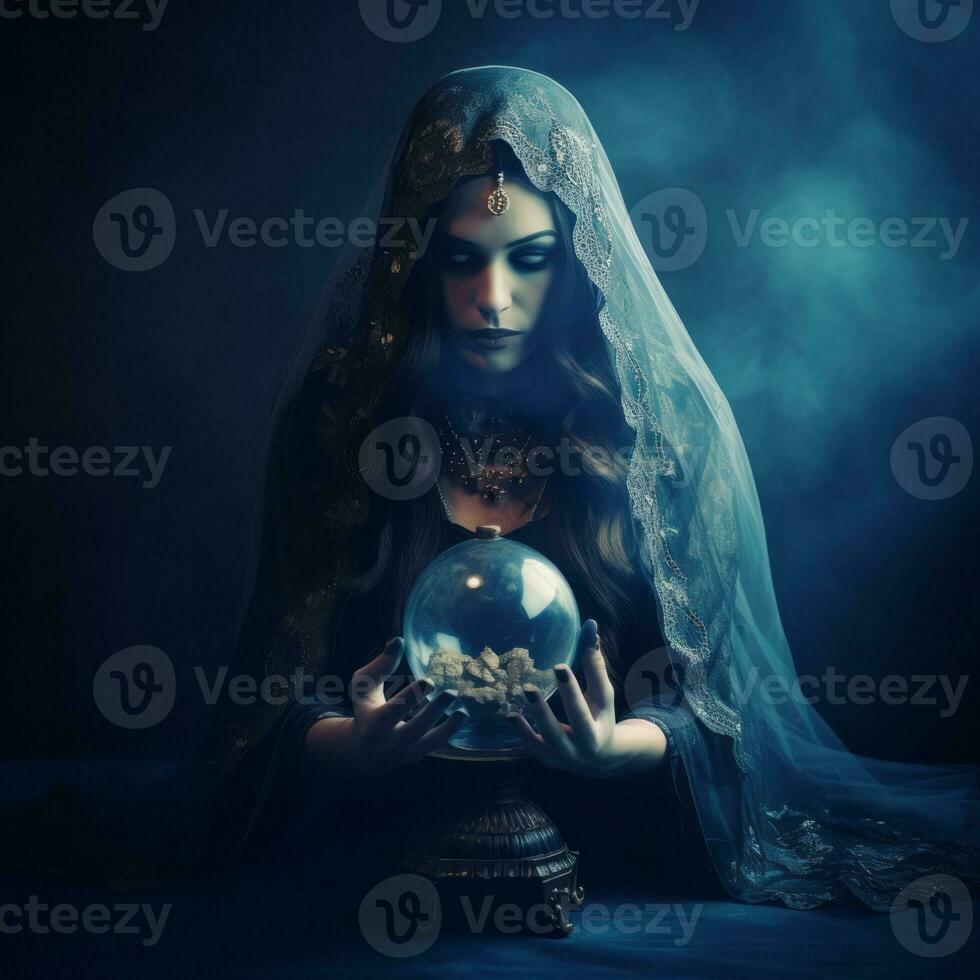 Woman telling from a crystal ball dressed as a mysterious fortune teller AI Generative photo