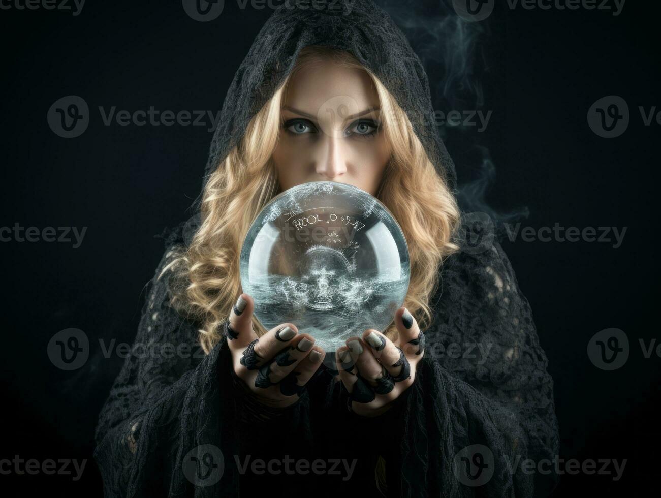Woman telling from a crystal ball dressed as a mysterious fortune teller AI Generative photo
