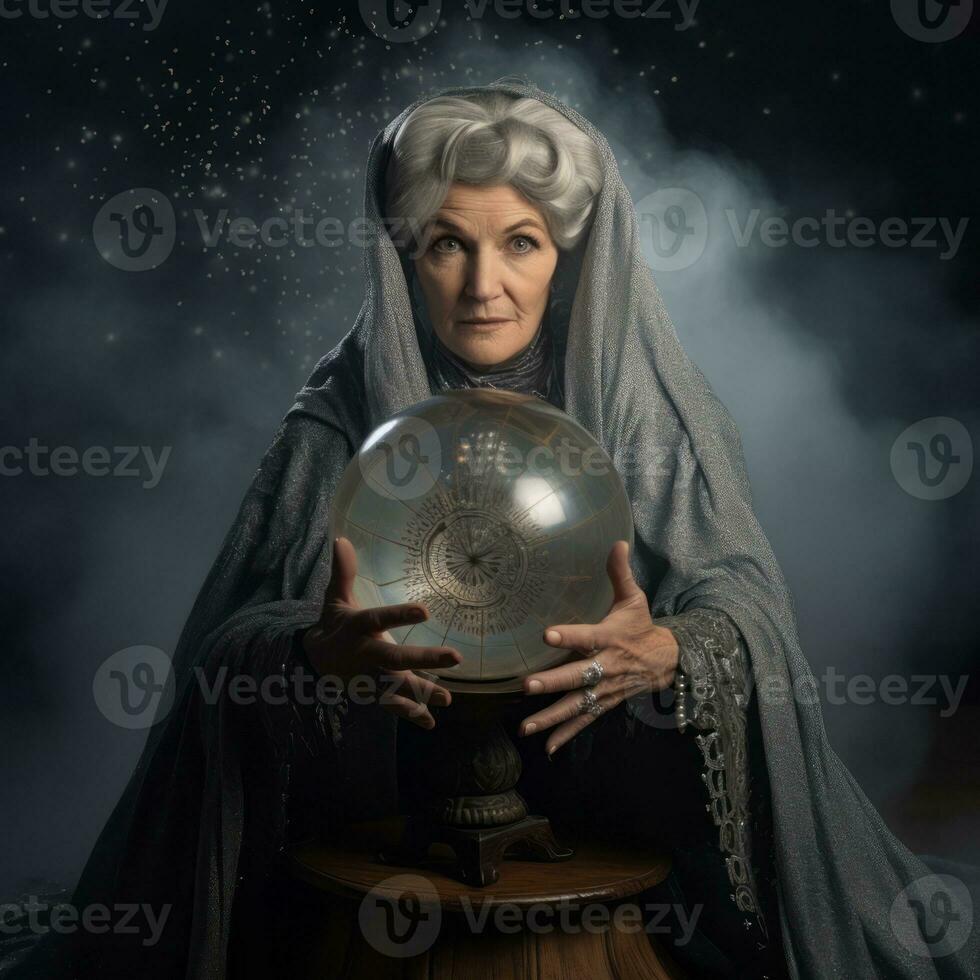 mujer narración desde un cristal pelota vestido como un misterioso fortuna cajero ai generativo foto