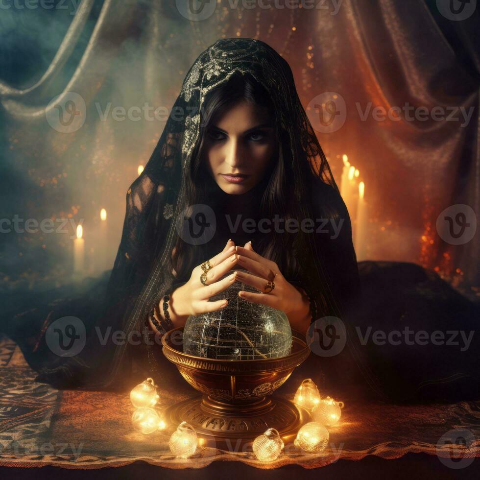 Woman telling from a crystal ball dressed as a mysterious fortune teller AI Generative photo