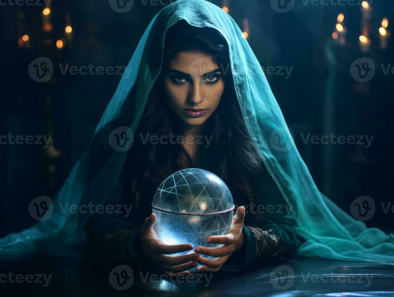 Woman telling from a crystal ball dressed as a mysterious fortune teller AI Generative photo