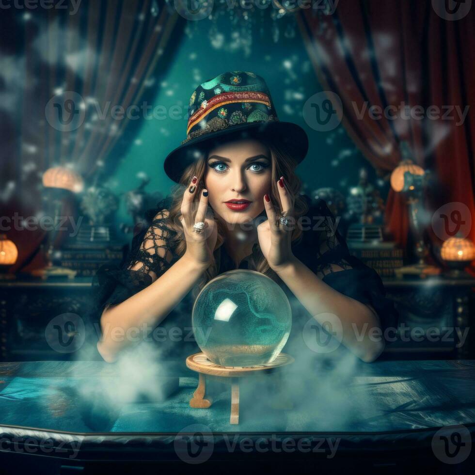 Woman telling from a crystal ball dressed as a mysterious fortune teller AI Generative 28918858