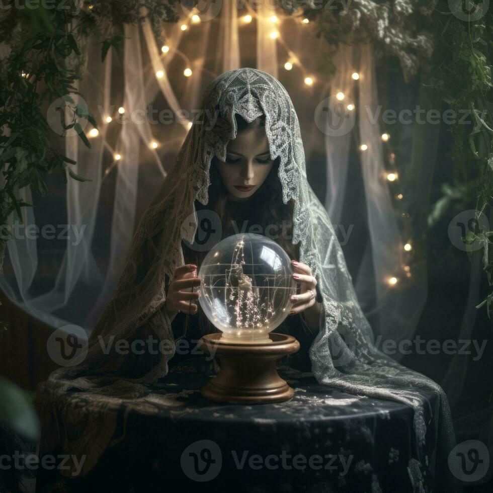 Woman telling from a crystal ball dressed as a mysterious fortune teller AI Generative photo