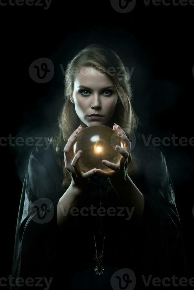 Woman telling from a crystal ball dressed as a mysterious fortune teller AI Generative photo