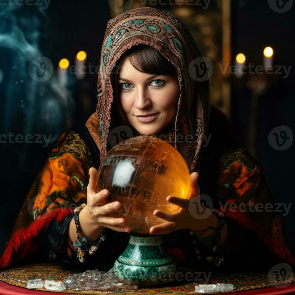 Woman telling from a crystal ball dressed as a mysterious fortune teller AI Generative photo