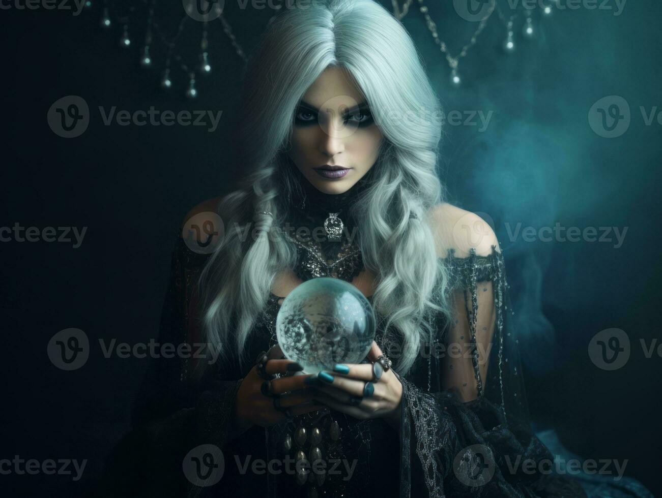 Woman telling from a crystal ball dressed as a mysterious fortune teller AI Generative photo