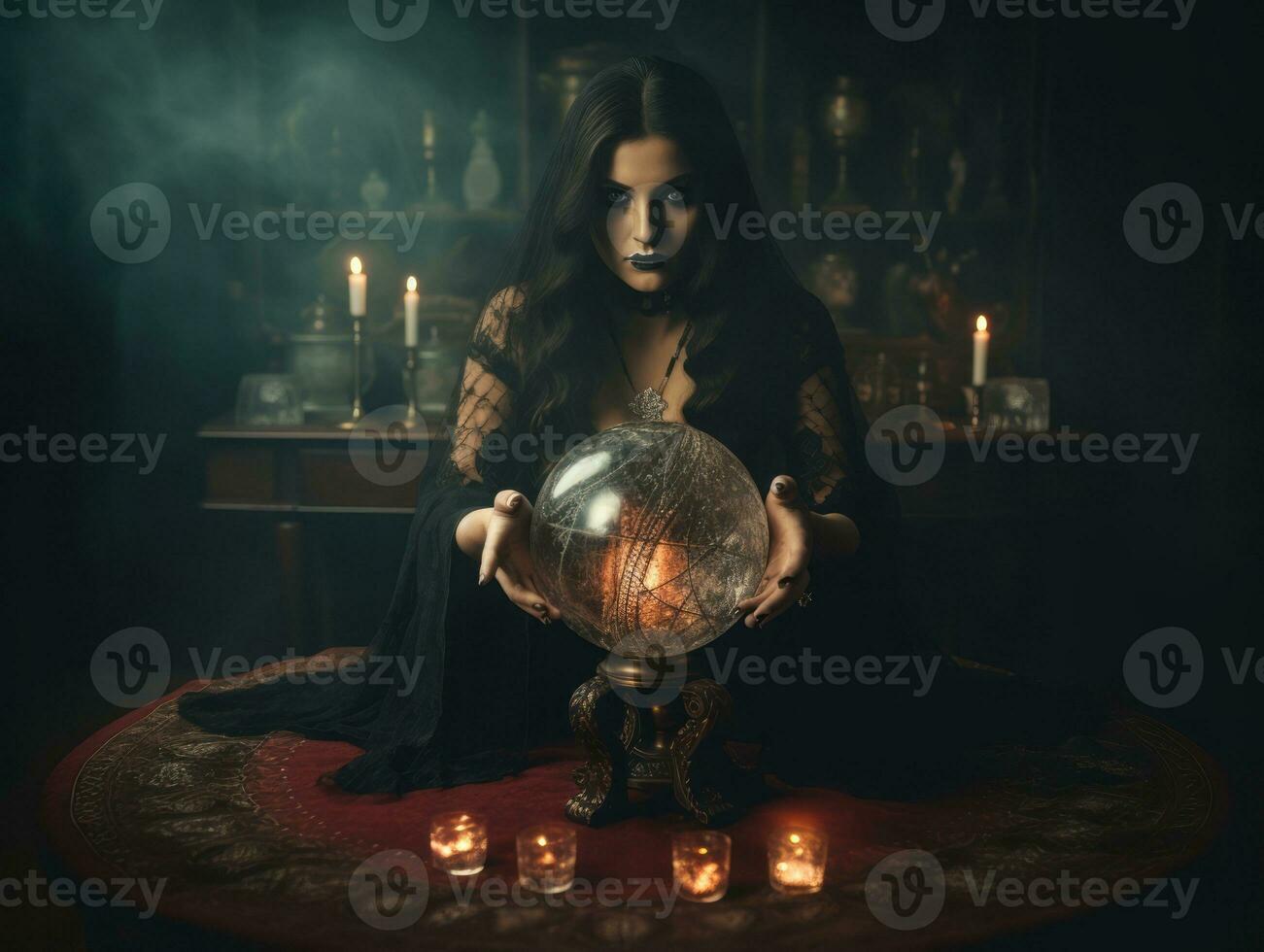 Woman telling from a crystal ball dressed as a mysterious fortune teller AI Generative photo