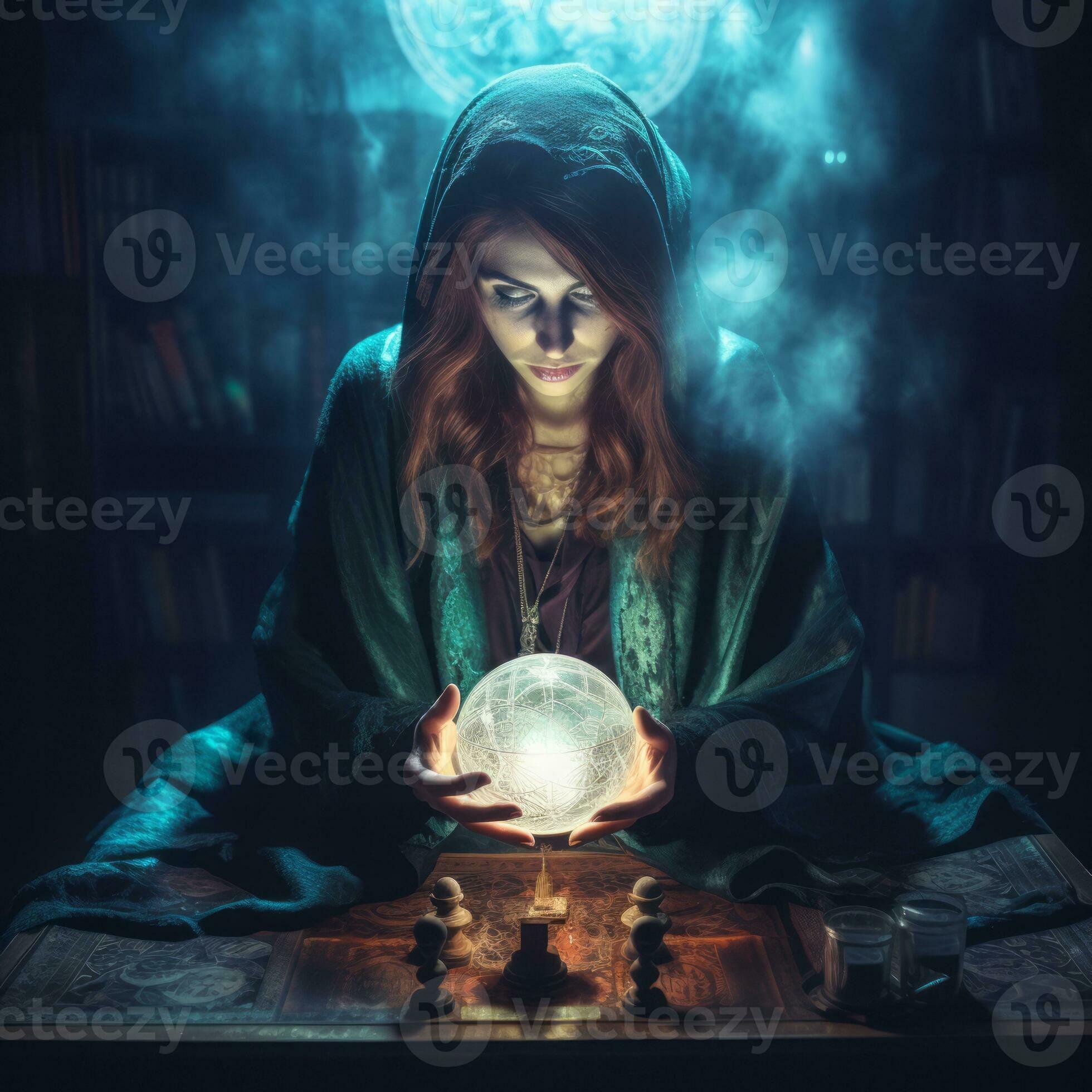 Woman telling from a crystal ball dressed as a mysterious fortune teller AI Generative 28918877