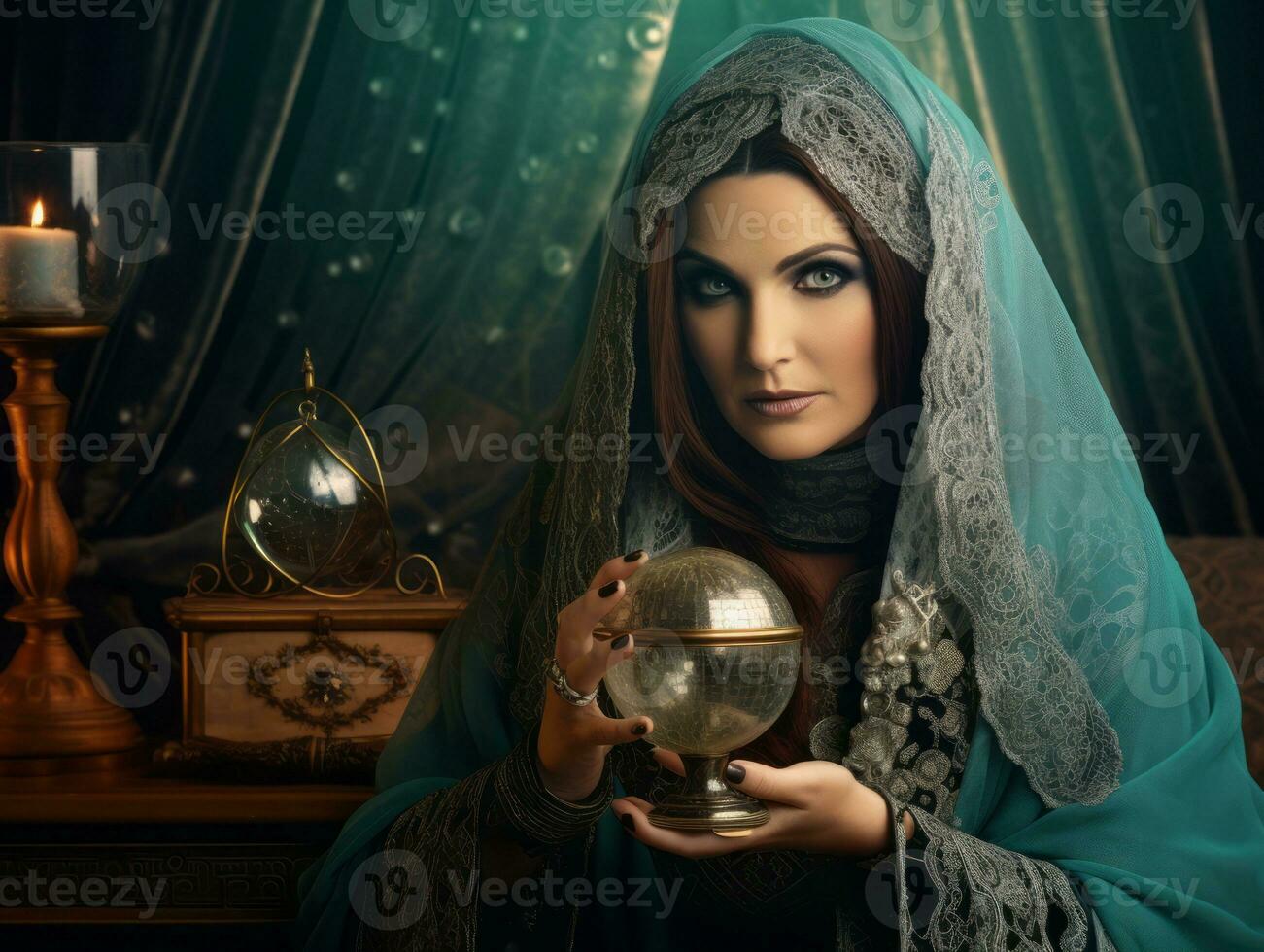 Woman telling from a crystal ball dressed as a mysterious fortune teller AI Generative photo