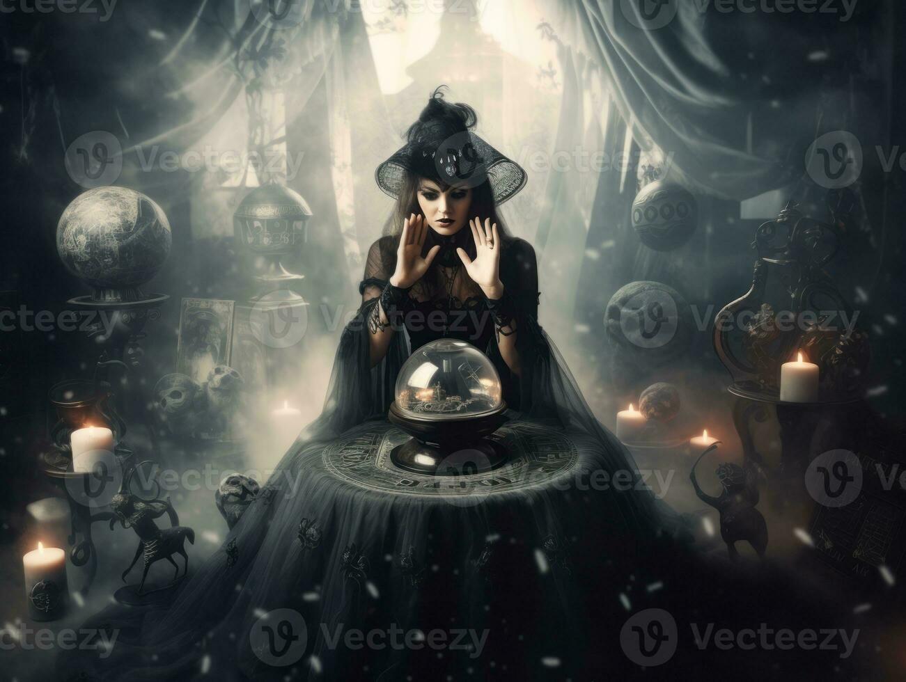 Woman telling from a crystal ball dressed as a mysterious fortune teller AI Generative photo