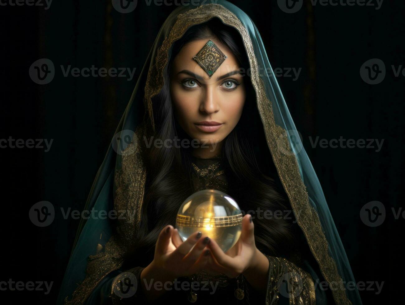 Woman telling from a crystal ball dressed as a mysterious fortune teller AI Generative photo