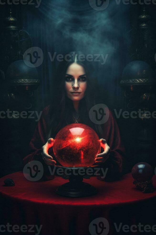 Woman telling from a crystal ball dressed as a mysterious fortune teller AI Generative photo