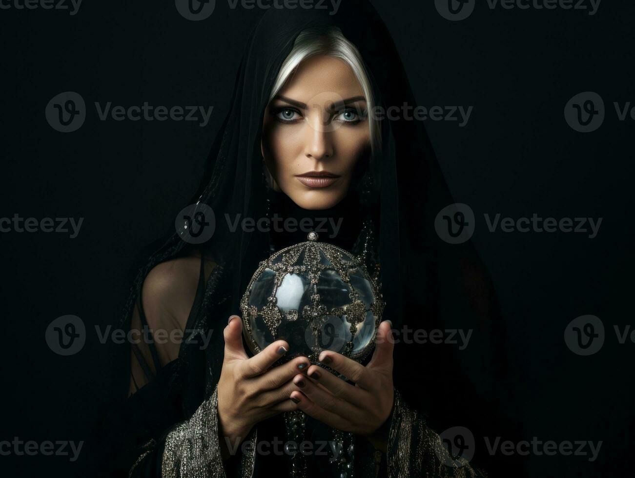 mujer narración desde un cristal pelota vestido como un misterioso fortuna cajero ai generativo foto