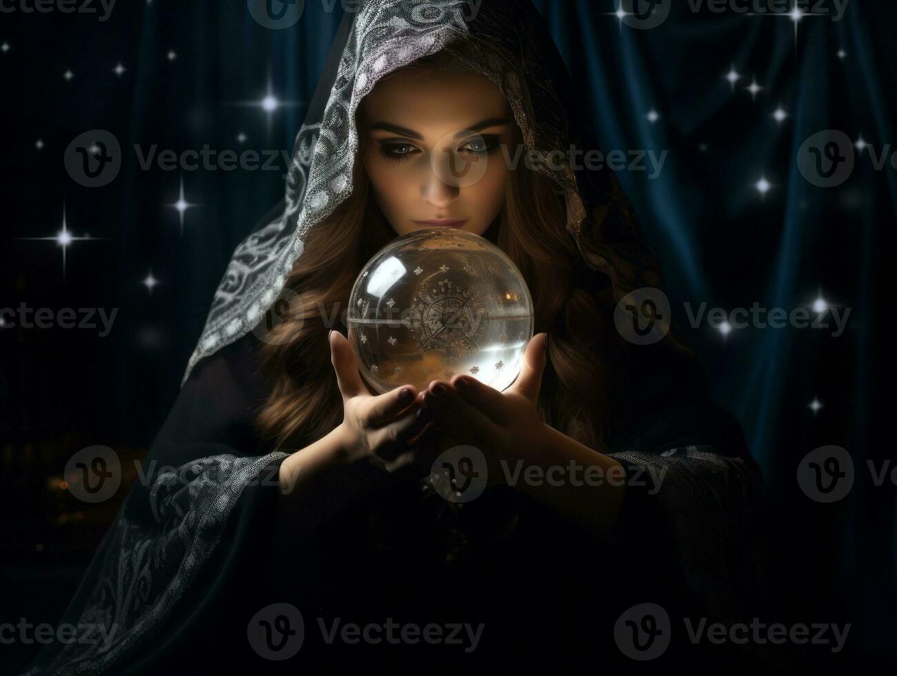 Woman telling from a crystal ball dressed as a mysterious fortune teller AI Generative photo