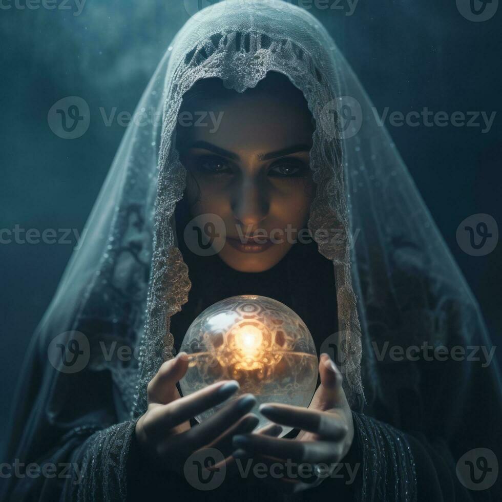 Woman telling from a crystal ball dressed as a mysterious fortune teller AI Generative photo