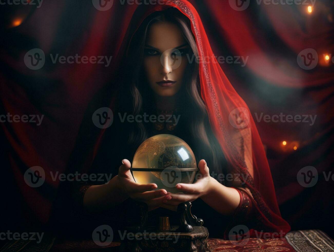 Woman telling from a crystal ball dressed as a mysterious fortune teller AI Generative photo