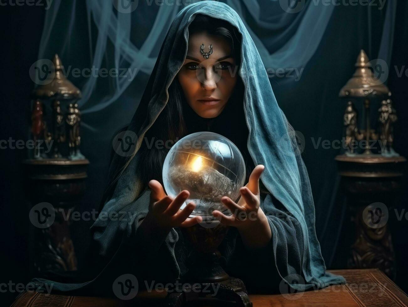 Woman telling from a crystal ball dressed as a mysterious fortune teller AI Generative photo