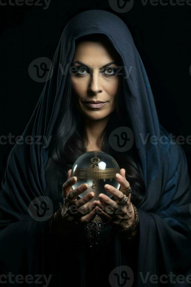 Woman telling from a crystal ball dressed as a mysterious fortune teller AI Generative photo