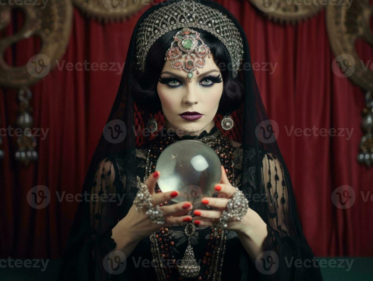 Woman telling from a crystal ball dressed as a mysterious fortune teller AI Generative photo