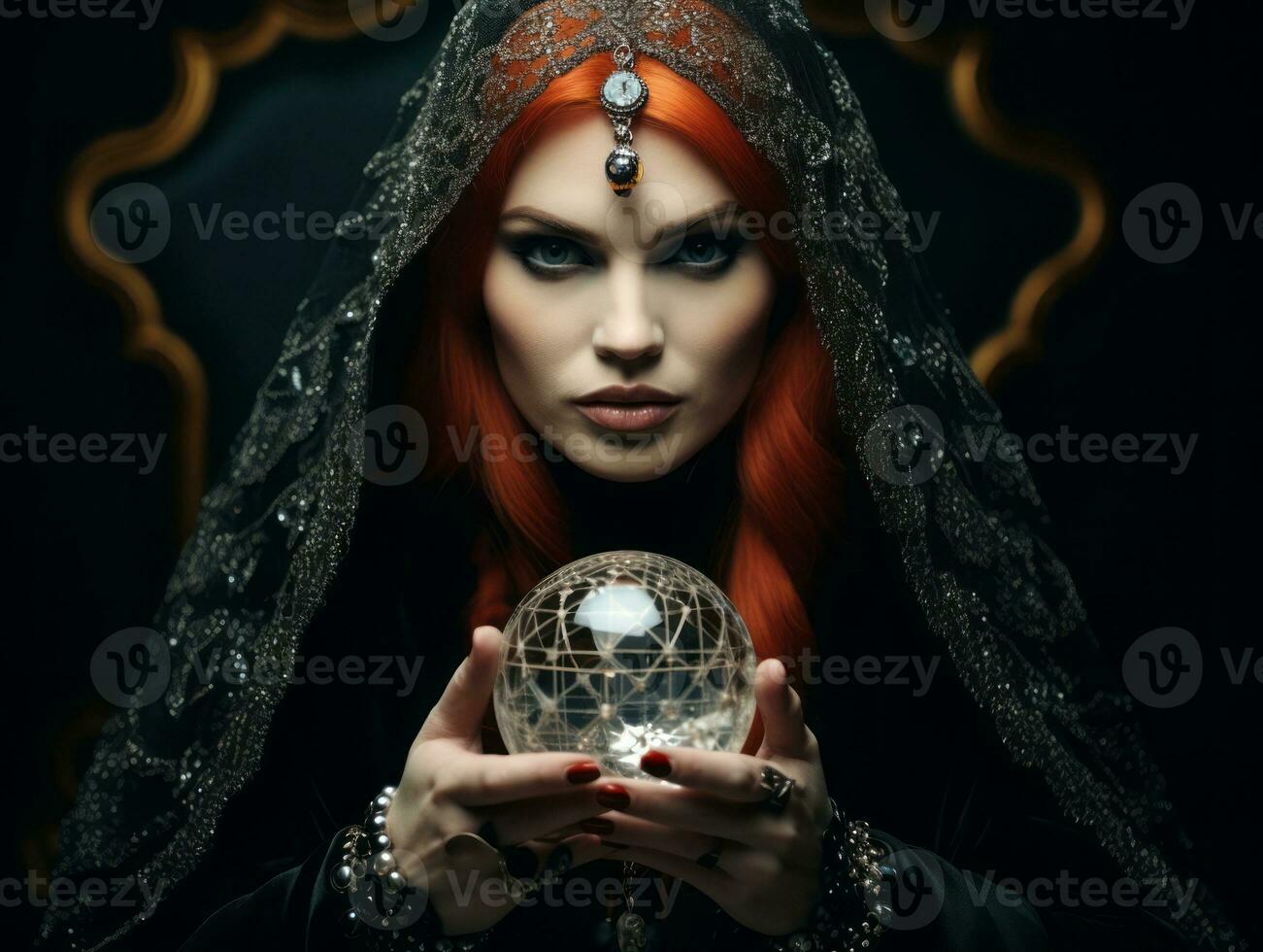Woman telling from a crystal ball dressed as a mysterious fortune teller AI Generative photo