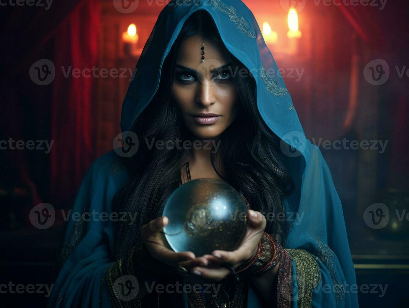 Woman telling from a crystal ball dressed as a mysterious fortune teller AI Generative photo