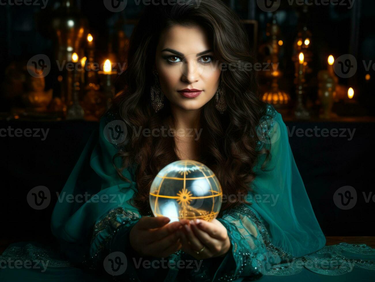 Woman telling from a crystal ball dressed as a mysterious fortune teller AI Generative photo