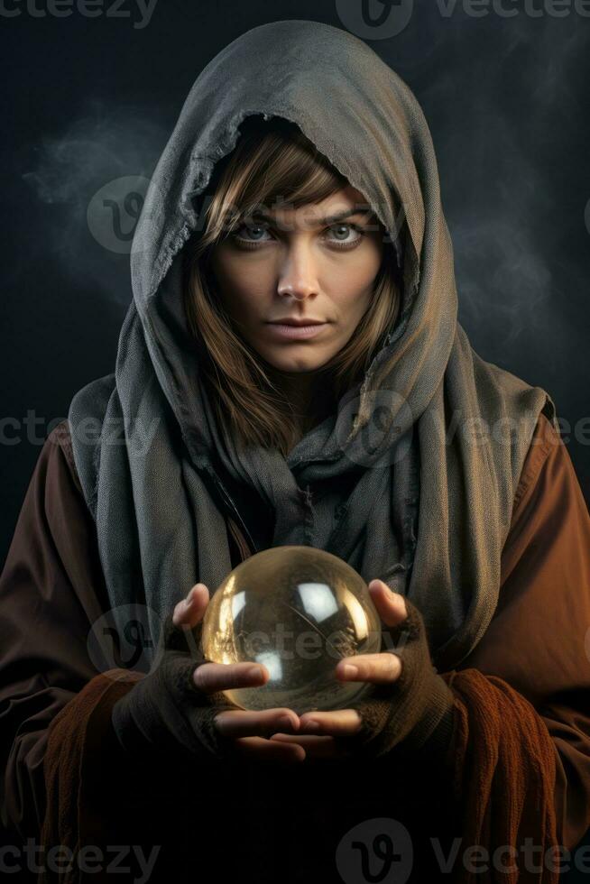 mujer narración desde un cristal pelota vestido como un misterioso fortuna cajero ai generativo foto