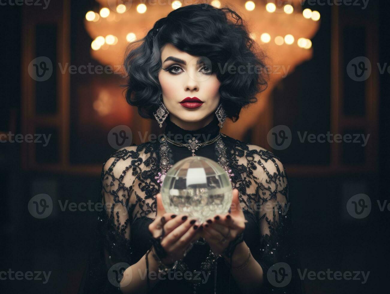 Woman telling from a crystal ball dressed as a mysterious fortune teller AI Generative 28918952