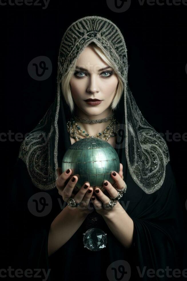 Woman telling from a crystal ball dressed as a mysterious fortune teller AI Generative photo