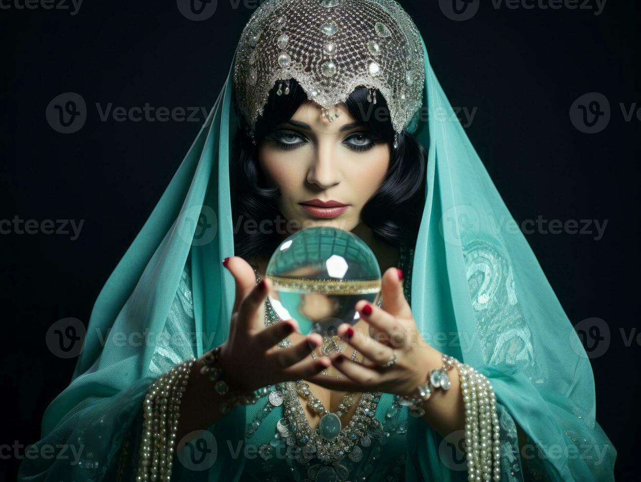 Woman telling from a crystal ball dressed as a mysterious fortune teller AI Generative 28918956