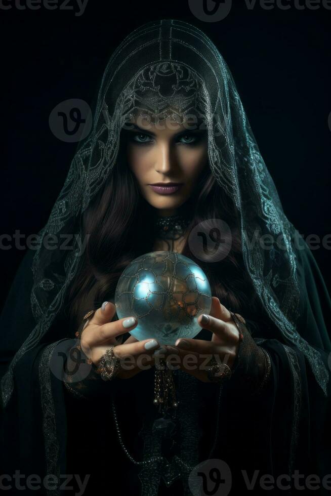 Woman telling from a crystal ball dressed as a mysterious fortune teller AI Generative photo