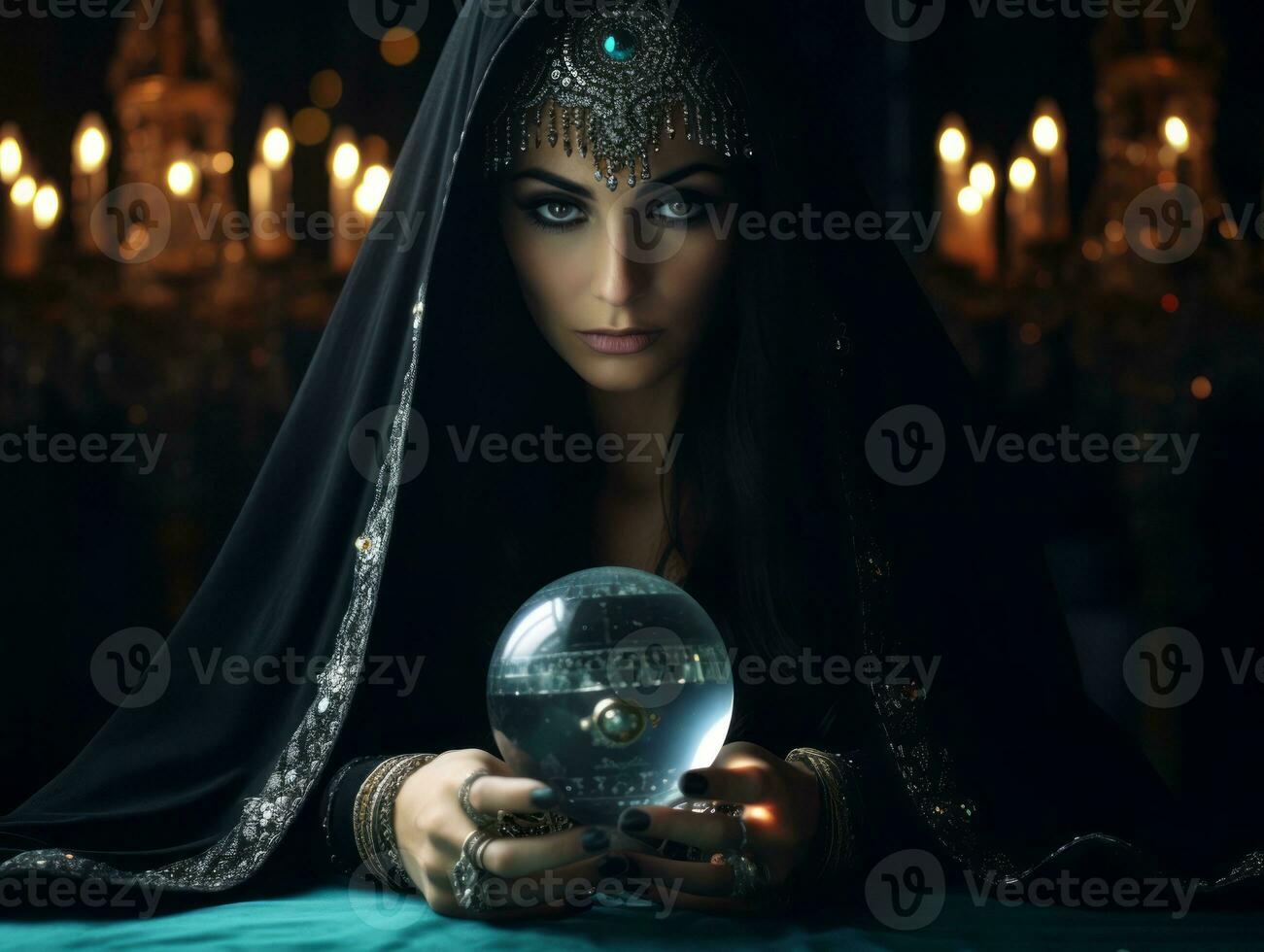 Woman telling from a crystal ball dressed as a mysterious fortune teller AI Generative photo