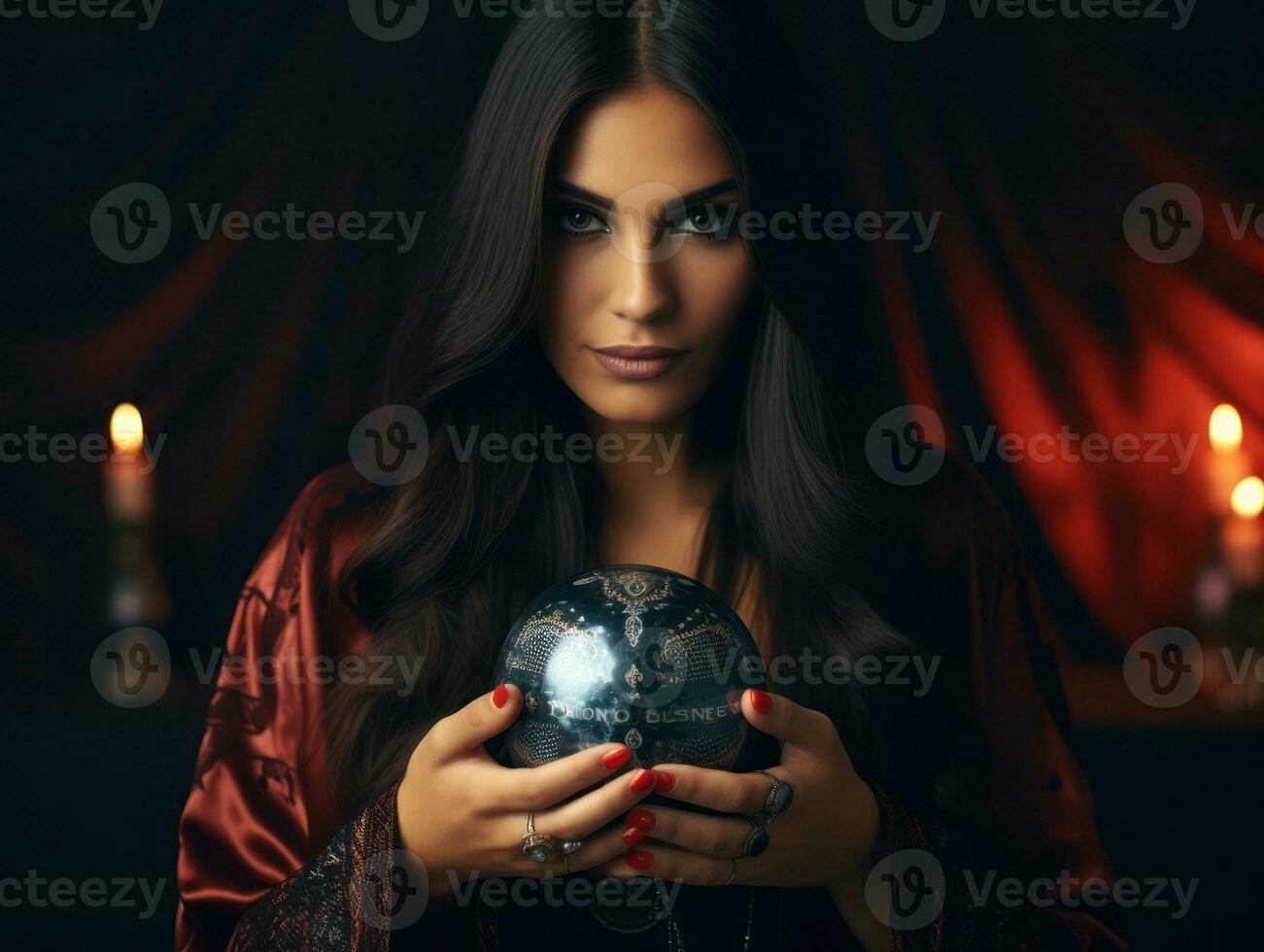 Woman telling from a crystal ball dressed as a mysterious fortune teller AI Generative photo