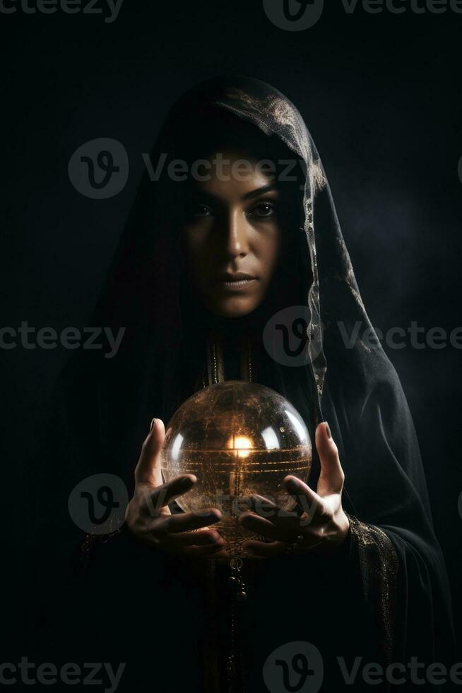 Woman telling from a crystal ball dressed as a mysterious fortune teller AI Generative photo