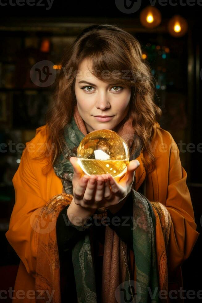 Woman telling from a crystal ball dressed as a mysterious fortune teller AI Generative photo